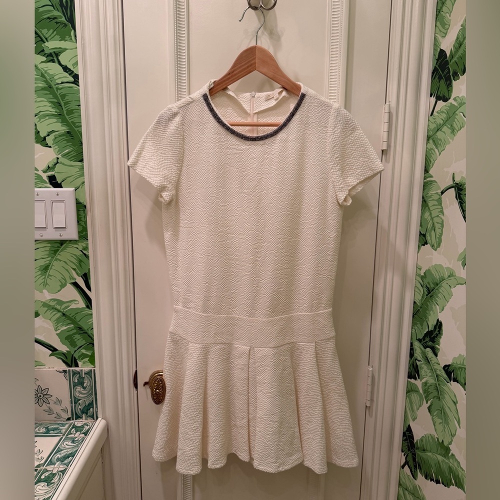 Maje Drop Waist Cotton Pleated Mini Dress Embellished Neck Cream Size 2 US M